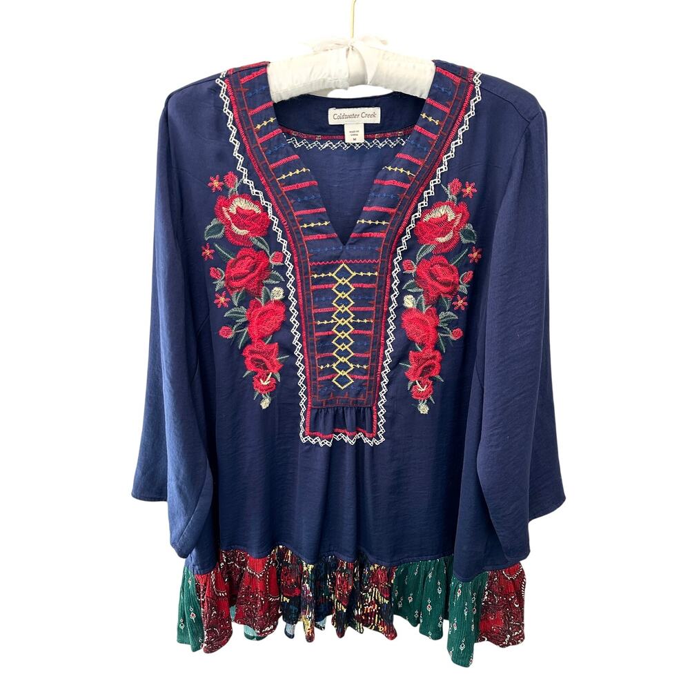 COLDWATER CREEK | Navy Floral Embroidered Boho Peplum Blouse Top | Medium